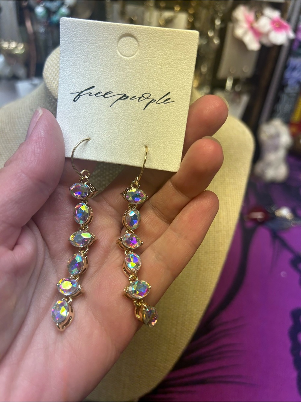 NWT Free People Aurora Borealis Linear Drop Earrings Gold Tone